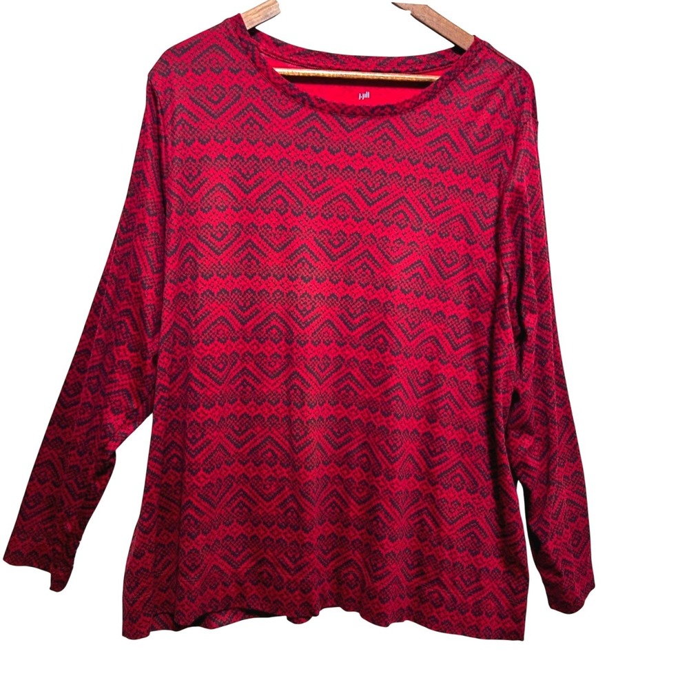 J Jill Women Tunic 3X Red‎ Black Geometric Pima Cotton Boho Relaxed Lagenlook